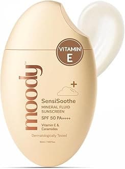Moody SensiSoothe Mineral Brightening Sunscreen Serum with Ceramides & Rice | Sunscreen for All Skin Types with SPF 50 PA++++ | No White Cast, & Non-Comedogenic Sunscreen Dermatologist Tested-50ML