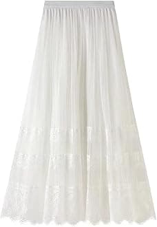 Women Midi Skirt Elastic High Waist Lace Tulle Skirt Pleated Skirt