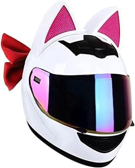 DOT Approved Cat Ears Motorcycle Street Helmets Breathable Cool Girl Men Women Couple Helmet Street Moto Full Face Helmet with Visor, Adult Flip Up Visors Motocross Helmet, All Seasons