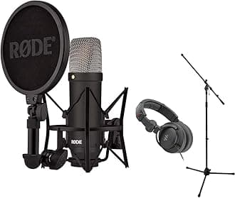 Rode NT1 Signature Series Large-Diaphragm Condenser Microphone (Black) Bundle with MS-5230F Tripod Microphone Stand with Fixed Boom and Polsen Studio Monitor Headphones