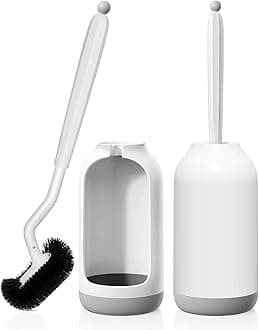 HAMITOR Toilet Bowl Brush Holder Set: 2 Pack Bathroom Deep Cleaning Toilet Cleaner Scrubber Under Rim with Curved Bristle for Dead Corner Clean - Hidden Rv Toilet Decorative Accessories with Caddy