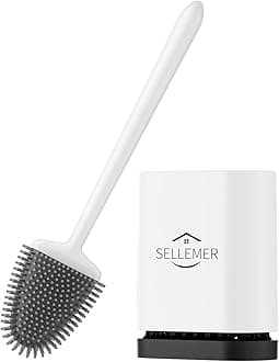 Sellemer Toilet Brush and Holder Set - Flexible Toilet Bowl Brush Head with Silicone Bristles, Compact Size for Storage and Organization, Ventilation Slots Base (1 Pack, Pearl White)