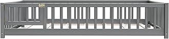 i-POOK Full Montessori Floor Bed for Children, Sturdy Wood Frame with Wood Slats, Fence & Door for Girls and Boys, Gray (with Bed Slats)