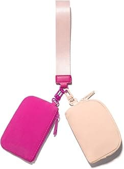 Viverte Mini Zip Around Keychain Wristlet Wallets Small Portable Dual Pouch Wristlet Detachable Coin Purse Pocket, Rose Red+Coarl Pink, Small