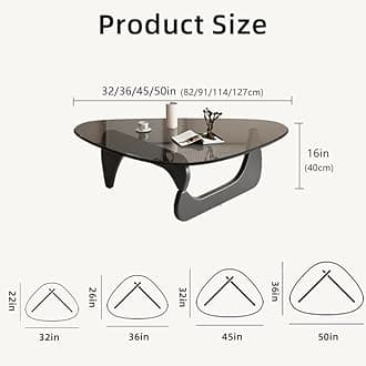 Triangle Coffee Table Modern Noguchi End Table, Solid Wood Base and 8mm Thick Tempered Glass Top Accent for Living Room Office Hotel Patio (Natural Wood Legs + Gray Glass, 36 * 26 * 16)