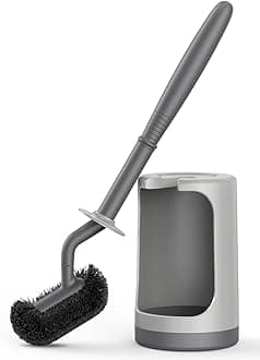 HAMITOR Toilet Bowl Brush Holder Set: Curved Design with Holder for Deep Cleaning Under Rim - Compact Hidden Scrubber for Small Space - Modern RV Bathroom Accessories - Gray