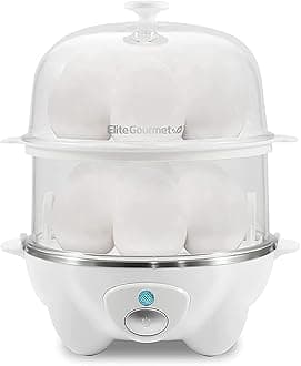 Elite Gourmet EGC1405W 2-Tiered Rapid Egg Cooker, 5-Egg Poacher, Omelets, Soft, Medium, Hard-Boiled Eggs with Auto Shut-Off and Buzzer, BPA Free, 14 eggs, White