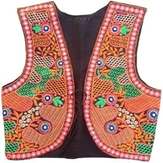 Outerwear Womens Multicolor Cotton Handmade Traditional Rajasthani Design front Embroidered Kutchi Work Jacket/Koti