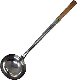 AuraHome Chinese Wok Accessories Ladle, Turner Set, 304 Grade Stainless Steel with Wooden Handles, Dishwasher Safe, Hand-Forged, 46 cm Ladle, Silver, 2 Pieces