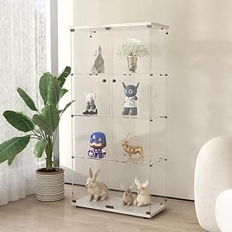 Frameless Glass Display Cabinet, Curio Cabinet Display Case with Lock and 2 Doors, Quick-Install Floor Standing Large Showcase Display Shelf for Collectibles, Legos, Figures, Plants