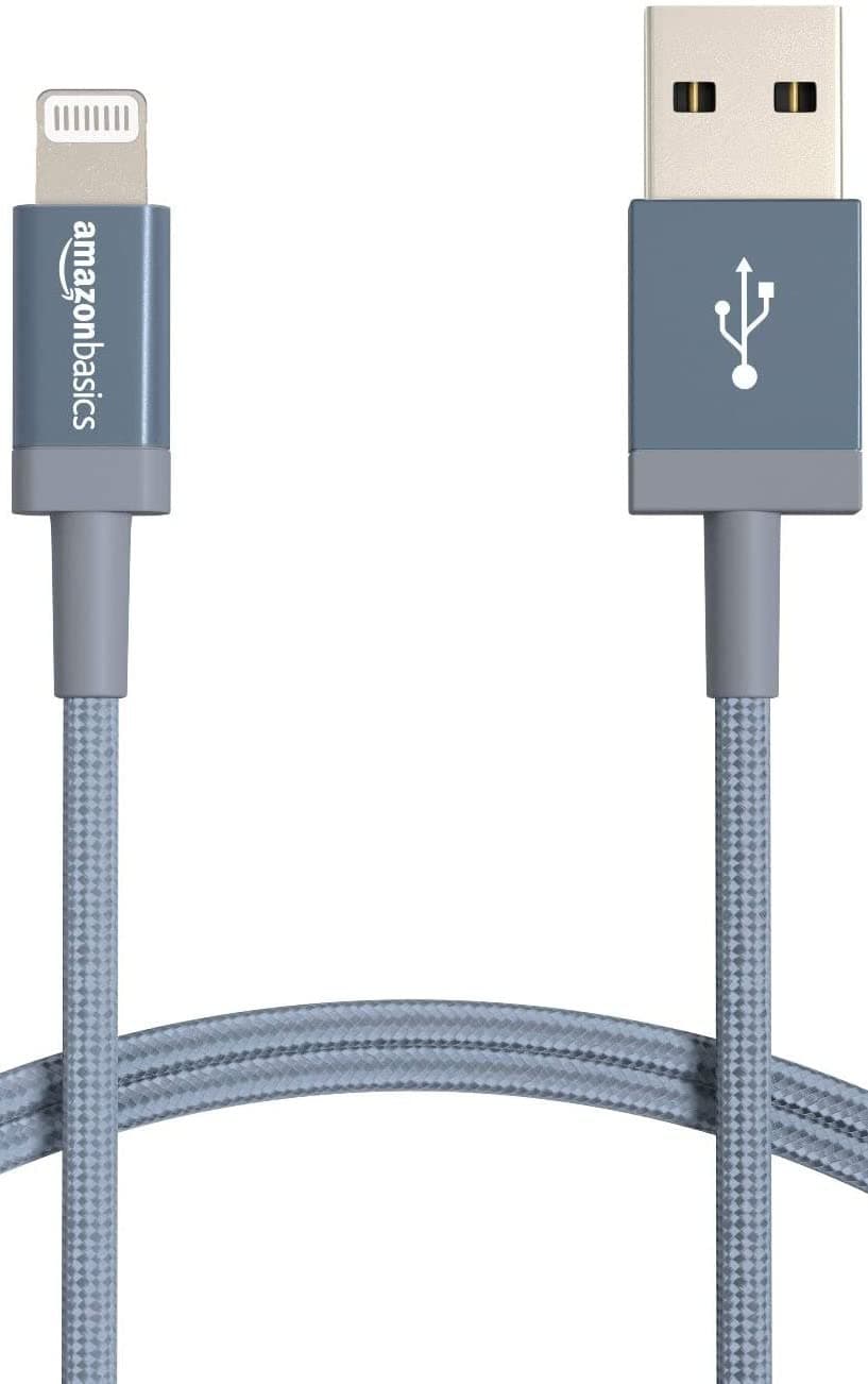 Amazon Basics USB-A to Lightning Cable, Apple MFi Certified, Nylon Braided Cord, Fast Charging, Durable, Sturdy, 3 Foot, Dark Gray