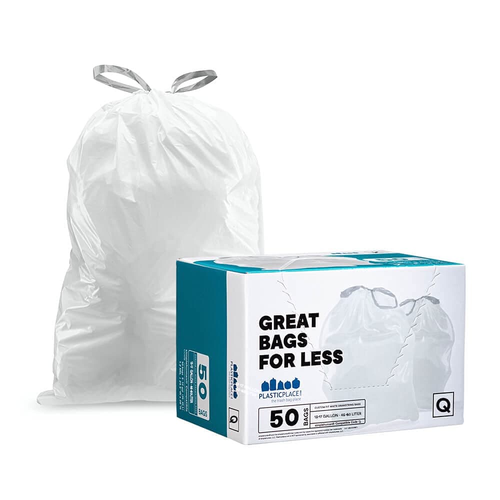 Custom Fit Trash Bags, Compatible with Simplehuman Code Q (50 Count), 13-17 Gallon Drawstring Garbage Liners, Heavy Duty Tear-Resistant