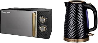 Russell Hobbs 17 Litre 700W Black Solo Manual Microwave With Groove Design, 5 Power Levels & 26380 Groove Electric Kettle, Textured Fast Boil Energy Efficient Cordless Kettle with Perfect Pour