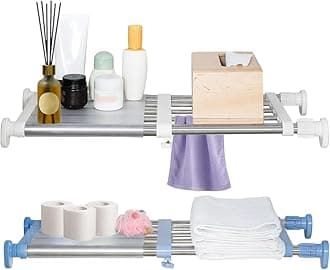 Hershii Closet Tension Shelf & Rod Expandable Metal Storage Rack Adjustable Organizer DIY Divider Separator for Cabinet Wardrobe Cupboard Kitchen Bathroom 2 Colors - Ivory & Blue