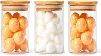 Jinelza Glass Jars Air Tight Canister Borosilicate Kitchen Food Storage Container Set With Natural Bamboo Lids For Candy,Cookie,Rice,Sugar,Flour,Pasta,Nuts (270ML JARS,3 PCS) transparent,beige