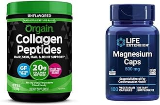 Hydrolyzed Collagen Peptides Powder, Life Extension Magnesium Caps, 500mg - Joint, Hair, Skin, Nail Support & Heart Health