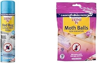 Zero In ZER968 Bed Bug Killer Spray 300 ml, Blue & ZER436 Moth Balls – Pack of 10 (Kills Moths, Larvae and Eggs, Odour-Free), White, 2x14.5x19.5 cm