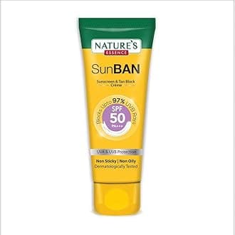 NATURES ESSENCE SunBan SPF 50 PA+++ Sunscreen & Tan Block Crème Blocks Upto 97% Harmfull Sunrays For All Skin Type, 120ml (Amber)