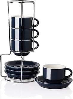 SweejarPorcelain Espresso Cups with Saucers, 2.5 Ounce Stackable Cappuccino Cups with Metal Stand for Coffee Drinks, Latte, Tea - Set of 4 (Navy)