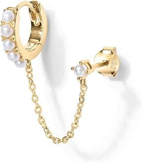 PAVOIPAVOI 14K Gold Chain Earrings for Women | Double Piercing Dangle Chain Huggie Hoop Earrings | Cubic Zirconia Pearl Stud Ear Cuff Earrings for Women