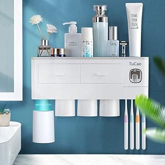 Toothbrush Holder Wall Mounted with Automatic Toothpaste Dispenser Squeezer Kit, 7 Toothbrush Slot with Dustproof Cover, 4 Magnetic Cups and Cosmetic Organizer Drawer(4 Cups)