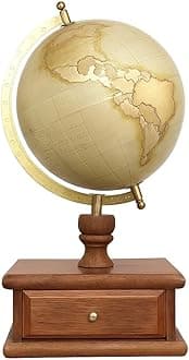 Gold Foil Stamp Map With Cream Texture Decorative Spinning World Globe With Wooden Storage Drawer For Home & Office Decor/Gift Item/Student Globe(Dia-8 Inch,Gold and Cream)