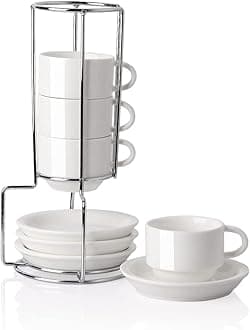 Sweejar Porcelain Espresso Cups with Saucers, 2.5 Ounce Stackable Cappuccino Cups with Metal Stand for Coffee Drinks, Latte, Tea - Set of 4 (White)Carbonfree Certified