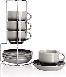 SweejarPorcelain Espresso Cups with Saucers, 4 Ounce Stackable Cappuccino Cups with Metal Stand for Coffee Drinks, Latte, Tea - Set of 4 (Gradient Gray)