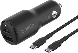 Belkin BoostCharge Dual Car Charger 42W w/Fast Charge USB-C 30W PPS & 12W USB-A Ports + USB-C to USB-C Cable for Apple iPhone 16, 16 Pro, 16 Pro Max, iPhone 15, Samsung Galaxy S24, & More - Black