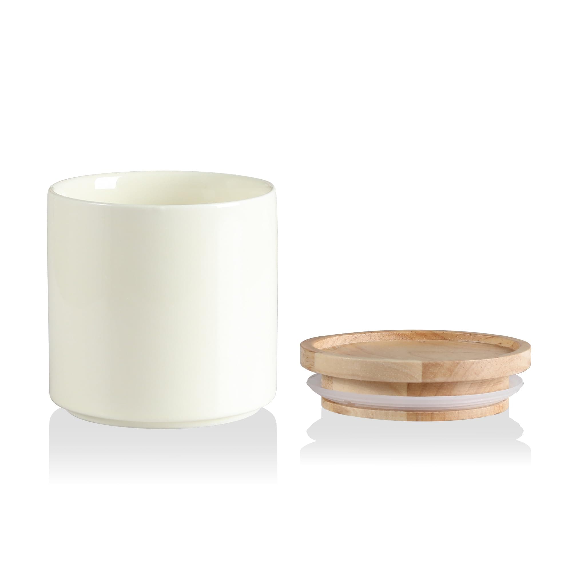Kitchen Canisters Ceramic Food Storage Jar, Stackable Containers with Airtight Seal Wooden Lid for Serving Ground Coffee, Tea, Sugar, Salt and More - 16 Fl Oz (Beige)