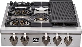 FORNO Spezia 30" Inch. Drop-In Range Top with 5 Sealed Dual Brass Burners - Stainless Steel Stove Top Heavy Duty Continuous Cast Iron Grates with Auto-ignition, Griddle, Wok-Ring and LP conversion