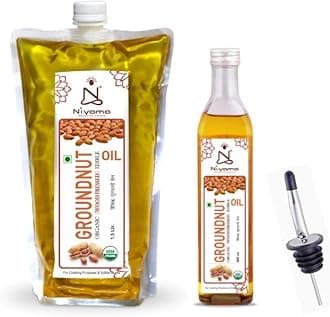 Niyama® Organic Groundnut Cold Pressed Oil | Ideal for Cooking, Frying, Roasting Purpose | Combo of (500ml Glass Bottle + 1.5 Ltr. Refill Pack) with Pourer