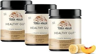 TERRA ORIGINHealthy Gut Peach Banana | 3-Pack, 90 Servings (Three 30-Serving tubs) with L-Glutamine, Zinc, Glucosamine, Slippery Elm Bark, Marshmallow Root and More!