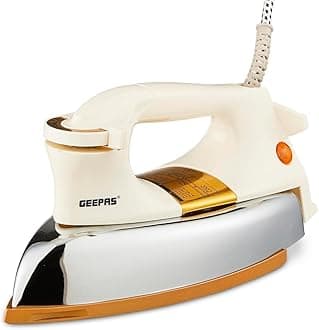 Geepas Dry Iron | Clothes Heavyweight Electric Press | 2m Initial Heat up Non-Stick Soleplate Adjustable Temperature | Overheat Protection Professional Industry Home Use | 2 Year Warranty 1200W White
