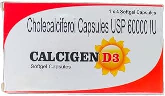 Calcigenn D3 Capsule | Cholecalciferol 60000 IU Vitamin D3 (1 Strip Calcigenn D3 Capsule) Vitamin D3 Supplement for Bone Strength & Immune Support Total 4 Capsules