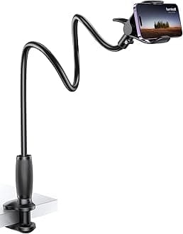 Lamicall Gooseneck Bed Phone Holder - [80 mm Clamp Base] Universal Flexible Lazy Arm for Desk, 360 Overhead Phone Mount Clip for iPhone 17 16 15 14 13 12 Series, Xs XR, Samsung, 4-7” Cellphone - Black