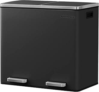 SONGMICS LTB48BK Rubbish Bin, Waste Separation System with 2 Compartments, Pedal Bin for the Kitchen, 2 x 24 L, Soft Close, Plastic Inner Bucket with Foot Pedals and Handles, Black, 65 x 62.5 x 42 cm