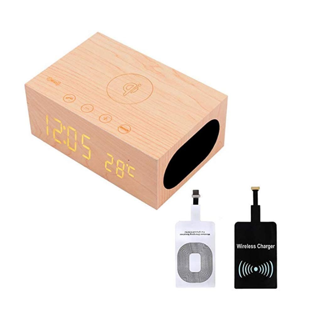 WALTSOM Wireless Charger Speaker, Multi-Function Wooden LED Digital Clock Bluetooth Speaker with Built in Mic, NFC, Temperature/Time Display, Alarm Clock for Smartphones Laptop Home Use (Light Wood)