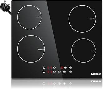 Karinear Plug in Induction Hob, 4 Zones Electric Hob 60cm, with Touch Control 9 Power Level & Child Safety Lock, Timer, Black Crystal Glass