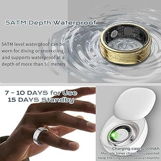 Smart Ring Fitness Tracker Sleep Tracking Heart Rate Monitor Pedometer, Waterproof Activity Tracker Fitness Ring Steps Counter, Gesture Controls for Short Video, 8 Days Last, Gold, #10