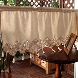 Rustic Boho Curtain Valance with Crochet Lace for Kitchen Farmhouse Cotton Linen Curtains for Home Decor Doorway Rod Pocket Tassel Curtains for Coffee Decor Short Window 1 Panel W59 X L24 Inch