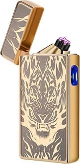lcfun Plasma Lighter Rechargeable Windproof Lighter Electric Dual Arc Lighter Electronic Cool Lighters for Candle,Camping,Hiking,Adventure (Gold Tiger)