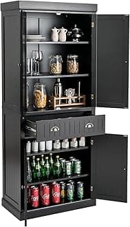 TANGZON Tall Kitchen Cupboard, 183cm 4-door Storage Cabinet with Drawer, Adjustable Shelves, Door Racks & Anti-tipping Device, Freestanding Wooden Sideboard Organiser (Balck, without Door Racks)