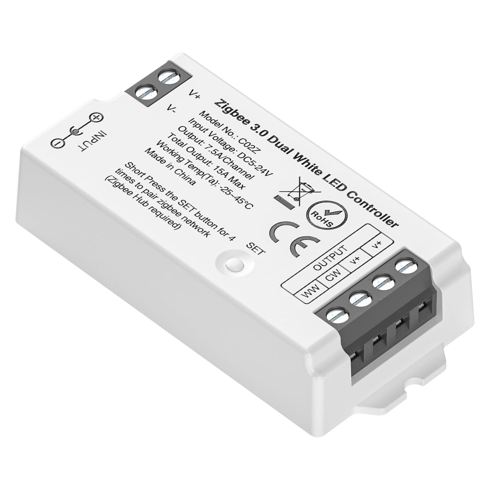 C02Z CCT Zigbee 3.0 LED Controller for 5050 CCT COB CCT LED Strip Voice Control Dimming Compatible with Echo Plus Echo(4th Gen) ZigBee3.0 Bridge/Gateway(Not Content Gateway)