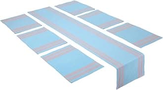 Encasa XO Table Runner and Placemats Set 6 | Fine Ribbed Cotton | Ladder Blue | 1 Table Runner Size 32x183 cm & Each Table Mat Size 48x32 cm