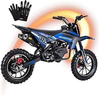 49cc Kids Dirt Bike, 2-Stroke Gas Powered Mini Dirt Bike for Kids Ages 8+, Dual Exhaust Sport Upgrade, Dual Disc Brakes & Suspension, Safe Chain Guard, 10" Off-Road Tires, 25mph (Blue)