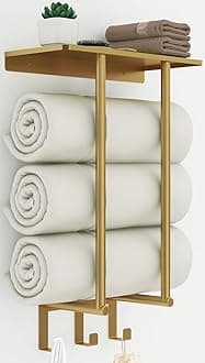 Towel Rack Wall Mounted, BETHOM Bathroom Towel Storage with Shelf and 3 Hooks for Small Bathroom, Bathroom Towel Holder Can Holds Up to 3 Large Size(160 x 100 cm) of Rolled Towels, Gold