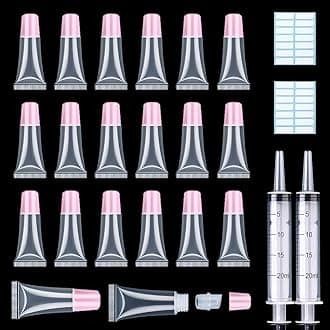 AMORIX 50PCS Lip Gloss Tubes 5ml Pink Cap Lip Gloss Containers Empty Lip Balm Tubes Squeeze Lipgloss Tubes + 2 x 20ml Syringes Tag Labels for DIY Lip Gloss Base Glitter