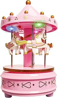 WEofferwhatYOUwant Carousel Music Box – Pink Horse Merry-Go-Round, Für Elise | LED Lights | Cake Topper & Room Decor | Twist-to-Play Music | No Batteries | Gift for Girls, Baby Showers, Keepsake Toy