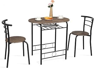 VINGLI 3 Piece Dining Set,Small Kitchen Table Set for 2,Breakfast Table Set for 2,Kitchen Wooden Table and 2 Chairs for Small Space/Dining Room/Apartment,Metal Frame,Wine Rack,Rustic